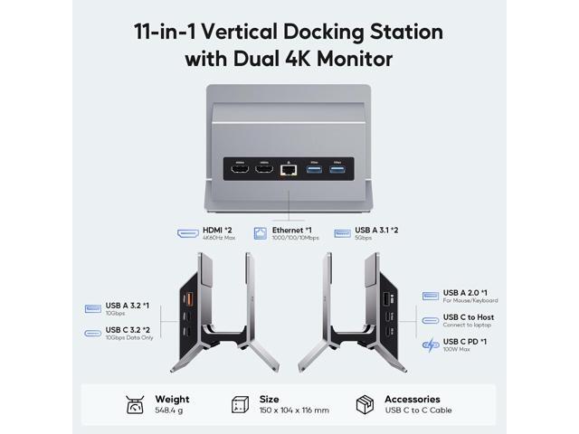 Laptop Docking Station Dual Monitor, 11 in 1 Vertical USB C Dock Stand with 2 HDMI 4K 60Hz, 3 USB A/C 10Gbps, 2 USBA 5Gbps, USB-A 2.0, Ethernet, PD...