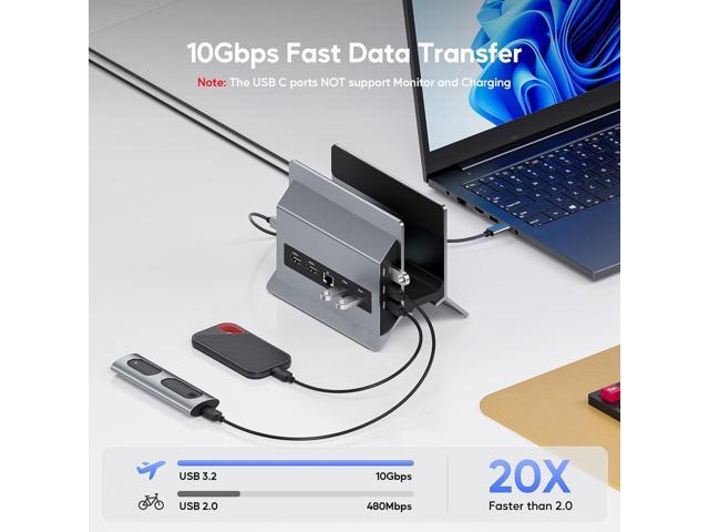 Laptop Docking Station Dual Monitor, 11 in 1 Vertical USB C Dock Stand with 2 HDMI 4K 60Hz, 3 USB A/C 10Gbps, 2 USBA 5Gbps, USB-A 2.0, Ethernet, PD...