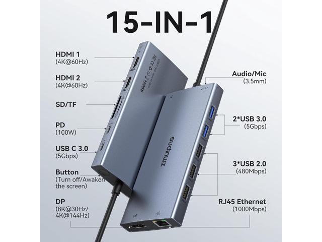 USB C Laptop Docking Station with 2 HDMI 4K@60Hz+DP 8K@30Hz for Dell HP Thinkpad Surface, 15 in 1 USB C Hub Triple Display Multiple Adapter, Dongle...