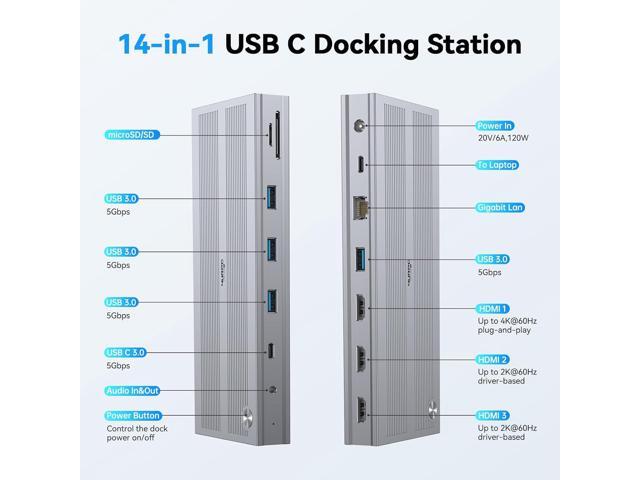 USB C Docking Station 3 Monitor with 120W Power Adapter, Displaylink Docking Station 3 HDMI for MacBook, Windows, and Chrome with USB C(3 HDMI, 5...