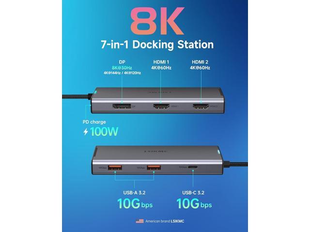 USB C Docking Station, 7 in 1 Docking Station 3 Monitors with Dual HDMI 4K@60Hz & Single DisplayPort (8K@30Hz/ 4K@144Hz), 100W PD, 10Gbps 3USB, USB...