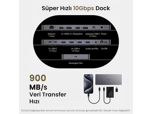 Cudy USB 3.2 Gen 2 Dual 4K 60Hz Display Docking Station, Up to 2 Monitor Display, 10Gbps USB C, 2 HDMI & Display Ports, 1000Mbps RJ45 Port, 100...