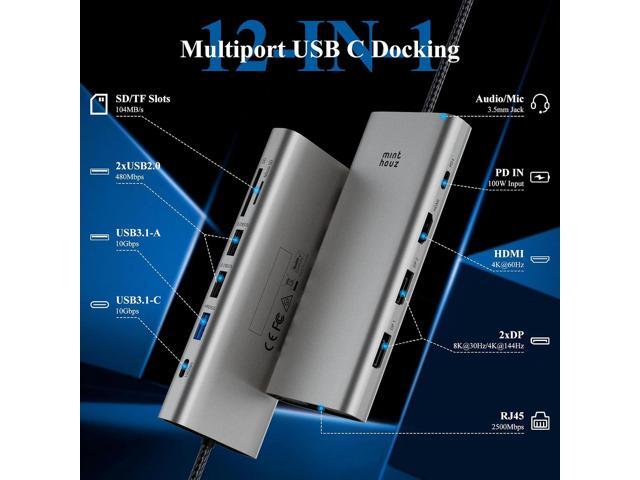 Minthouz USB C Docking Station,12-in-1 Laptop Docking Station Dual Monitor with Dual 8k DisplayPort+4k HDMI+10Gbps, 3 USB A/C, 100W PD, Ethernet,...