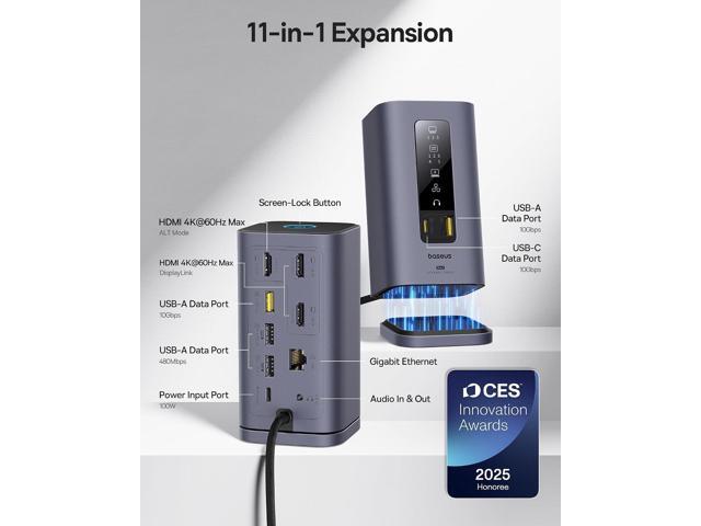 [CES Picks Awards 2025] Baseus SpaceMate(MAC) Docking Station, USB C Docking Station 3 Monitors with 4K HDMI, 10Gbps USB Ports, 100W PD, Gigabit...