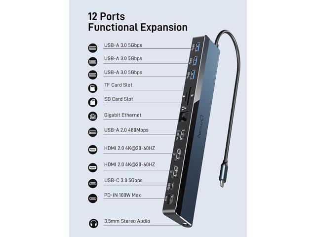USB C Docking Station Dual Monitor, with Dual HDMI 4K@30~60Hz, USB-A, USB-C, PD-in 100W, SD/TF Slot, Gigabit Ethernet, 3.5mm Audio, Dock for...