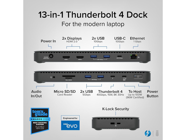 Plugable Thunderbolt 4 Dock with 100W Charging, Thunderbolt Certified, Laptop Docking Station Dual Monitor Single 8K or Dual 4K HDMI for Windows...