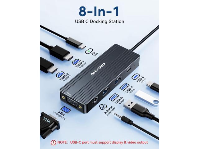 ANYOYO USB C Docking Station, 8 in 1 Docking Station Dual Monitor, Docking Station 3 Monitors with Dual HDMI and VGA, 5Gbps Data Transfers, Laptop...