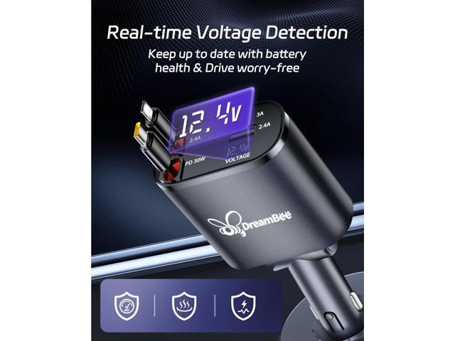 Retractable Car Charger,66W 4 in 1 Super Fast Charge Car Phone Charger,Retractable Cables (31.5 inch) and 2 USB Ports Car Charger Adapter for...