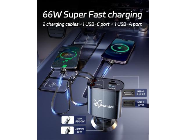 Retractable Car Charger,66W 4 in 1 Super Fast Charge Car Phone Charger,Retractable Cables (31.5 inch) and 2 USB Ports Car Charger Adapter for...