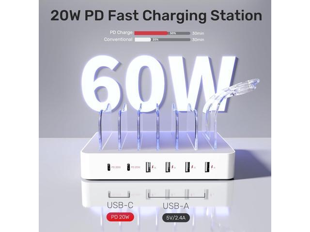 Unitek Multi USB Charging Station - 6 Port USB C Charging Dock with 2 PD 20W, Multiple Devices Charging Station Organizer for iPad, iPhone, iWatch,...