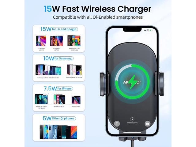 APPS2Car Car Cup Phone Holder Wireless Charger 15W Qi Fast Charging with QC 3.0 Adapter Compatible with iPhone13/13Pro/Max All Smart Phones