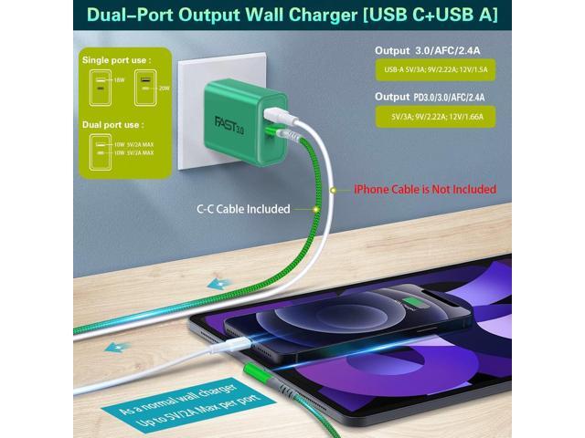 Fast Charging Wall Charger with USB C Cable 10FT, 2-Pack 20W USB C Power Adapter Dual Port Fast Charger Block+ Right-Angle 3A C to C Cable Fit for...