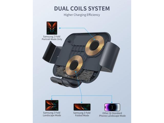 Wireless Car Charger for Z Fold 6/5/4/3/2, Dual Coil Cup Holder Phone Mount, Wireless Car Charger for Tesla, Auto Clamping Fast Charging for iPhone...