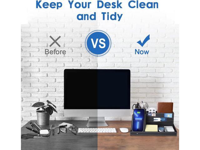 TopMade Fast Wireless Charging Station with Desk Organizer, PU Leather Home Office Nightstand Organizer for iPhone 16/15/15 Pro/14/14 Pro Max/14...