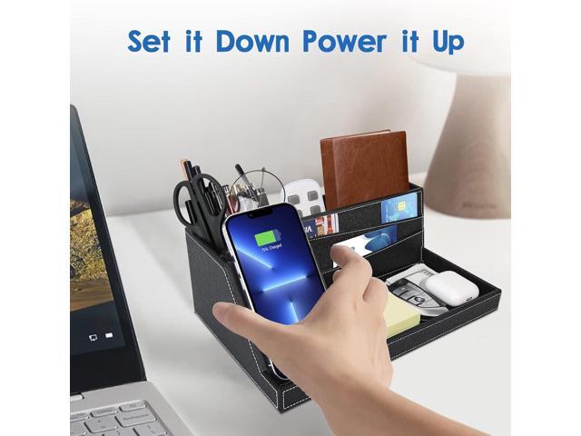 TopMade Fast Wireless Charging Station with Desk Organizer, PU Leather Home Office Nightstand Organizer for iPhone 16/15/15 Pro/14/14 Pro Max/14...