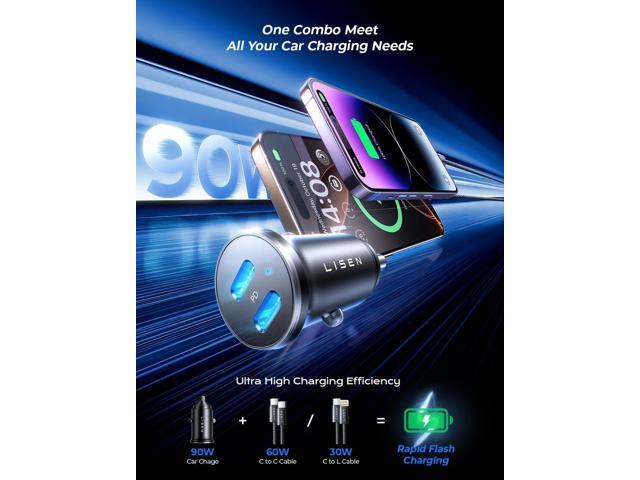 LISEN 90W USB C Car Charger Fast Charging, Dual PD 45W USB C Port for iPhone 16 Car Charger, Super Fast Car Charger USB C Cigarette Lighter Adapter...