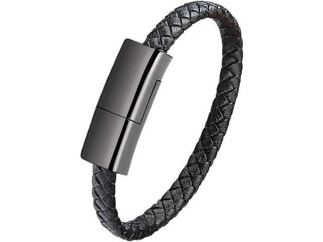 GVUSMIL USB Leather Charging Braided Bracelets for iPhone, Hematite Metal and Black Leather