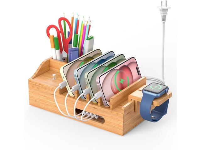 Bamboo Charging Station for Multiple Devices with 5 Port USB Charger, 5 Charger Cables and Smart Watch Stand. Wood Desktop Dock Stations Electronic...