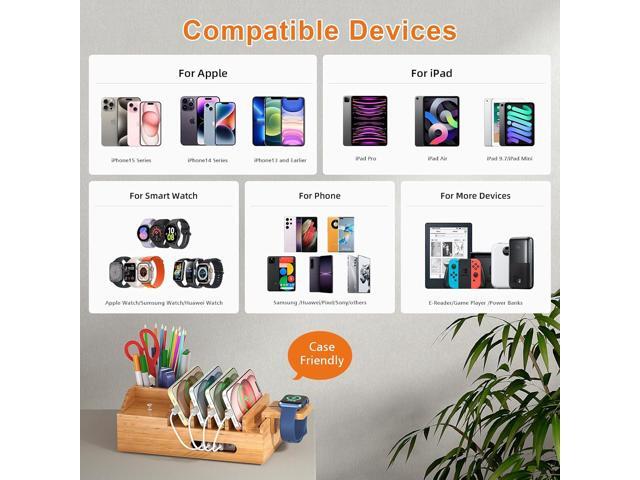 Bamboo Charging Station for Multiple Devices with 5 Port USB Charger, 5 Charger Cables and Smart Watch Stand. Wood Desktop Dock Stations Electronic...