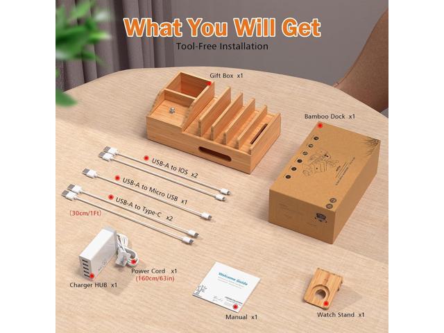 Bamboo Charging Station for Multiple Devices with 5 Port USB Charger, 5 Charger Cables and Smart Watch Stand. Wood Desktop Dock Stations Electronic...