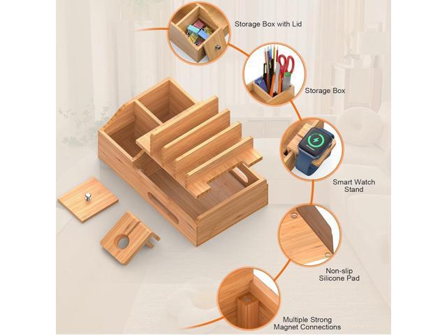 Bamboo Charging Station for Multiple Devices with 5 Port USB Charger, 5 Charger Cables and Smart Watch Stand. Wood Desktop Dock Stations Electronic...