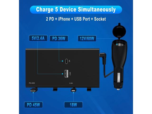 Multi Car Retractable Backseat Car Charger 5 in 1 Car Charging Station Box for iPhone/Samsung, 60W Cigarette Lighter Adapter Uber Taxi Lyft Turo...