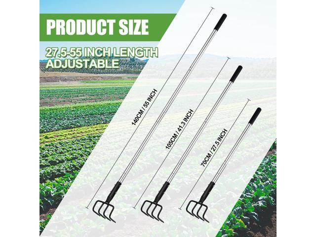 Long Hand Cultivator, Carbon Steel & Stainless Steel Tiller Cultivator, Garden Cultivator with Telescopic Handle and Soft Handle Cover, Hand Tiller...
