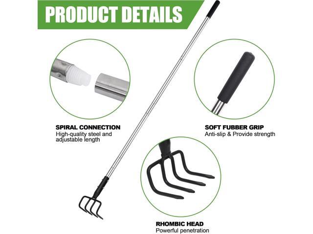 Long Hand Cultivator, Carbon Steel & Stainless Steel Tiller Cultivator, Garden Cultivator with Telescopic Handle and Soft Handle Cover, Hand Tiller...