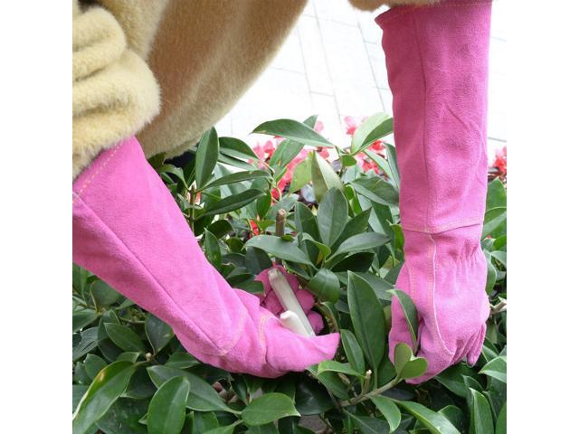 HANDLANDY Ladies Thorn Proof Gardening Gloves, Long Gauntlet Heavy Duty Garden Gloves, Elbow Length Women Leather Rose Pruning Gloves (Large, Rosy)