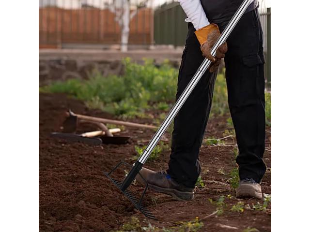 15 Inch Wide Bow Rake, 16 Steel Tines Metal Head Rake Tool with Stainless Steel Handle, Adjustable Long Handle Garden Rake for Loosening Soil...