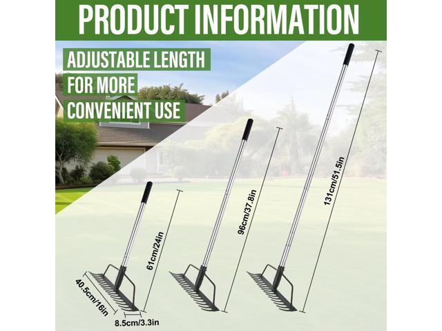 15 Inch Wide Bow Rake, 16 Steel Tines Metal Head Rake Tool with Stainless Steel Handle, Adjustable Long Handle Garden Rake for Loosening Soil...