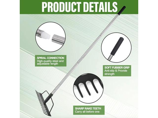 15 Inch Wide Bow Rake, 16 Steel Tines Metal Head Rake Tool with Stainless Steel Handle, Adjustable Long Handle Garden Rake for Loosening Soil...
