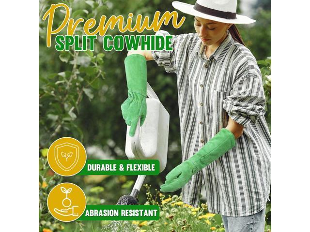 HANDLANDY Ladies Leather Gardening Gloves, Thorn Proof Long Gauntlet Heavy Duty Garden Gloves, Elbow Length Women Rose Pruning Gloves (Medium, Green)