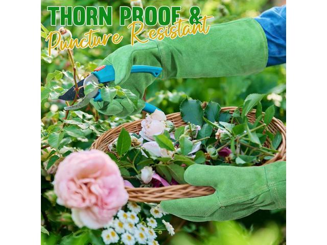 HANDLANDY Ladies Leather Gardening Gloves, Thorn Proof Long Gauntlet Heavy Duty Garden Gloves, Elbow Length Women Rose Pruning Gloves (Medium, Green)