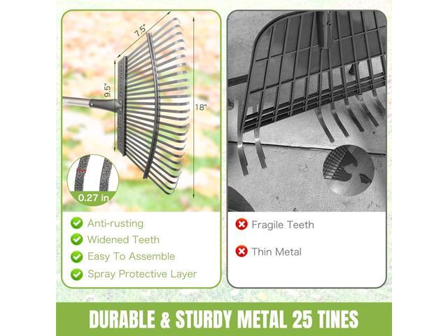 Joyhalo Rake for Leaves Adjustable 65 Inch Long, 18 Inch Wide Garden Rake with 25 Tines, Metal Leaf Rakes, Rakes for Lawns, Gathering Leaves,...