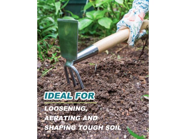 Hoe and Cultivator Garden Rake Hand Tiller Tool Wood Handle Double Sided Cultivator Versatile Tool for Digging,Loosening Soil,Weeding,Breaking Up...