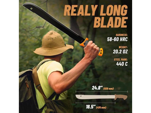 Machete with Saw - 25 Heavy Duty Tool & Sheath - Ergonomic No-Slip Handle - Survival Knife with Serrated Blade - Machetes for Bushcraft Outdoor...