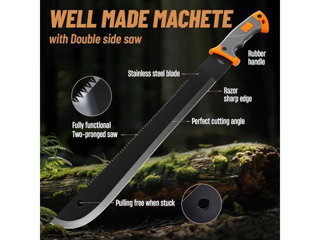 Machete with Saw - 25 Heavy Duty Tool & Sheath - Ergonomic No-Slip Handle - Survival Knife with Serrated Blade - Machetes for Bushcraft Outdoor...