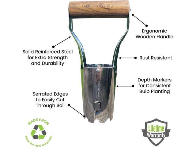 Garden Guru Eco Bulb Planter - 100% Recycled Stainless Steel - Rust Resistant - FSC Certified Wood Ergonomic Handle - Depth Marker for Consistent...