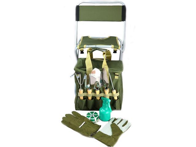10-Piece Gardening Tool Set with Zippered Detachable Tote and Folding Stool Seat with Backrest
