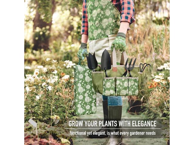 Colwelt Garden Tools Set, 8 Piece, Heavy Duty Gardening Tools with Wooden Handle, Including Garden Tote, Kneeling Pad, Gloves, Pruner, Trowel,...