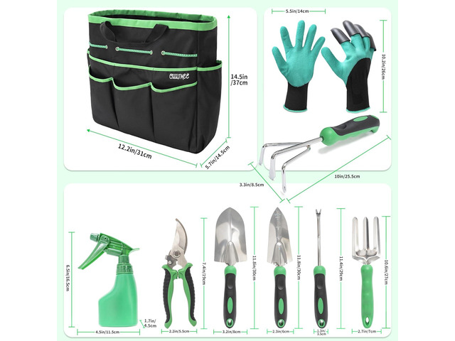 Garden Tool Set with Bag and Gloves, Heavy Duty Stainless Steel Gardening Tool Set, Ideal Gardening for Women and Men, Set of 9