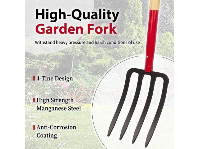 Heavy Duty Garden Fork for Digging, 4 Tines Pitch Fork for Gardening Compost, Garden Pitch Fork with Wooden Handle, 45 Inches
