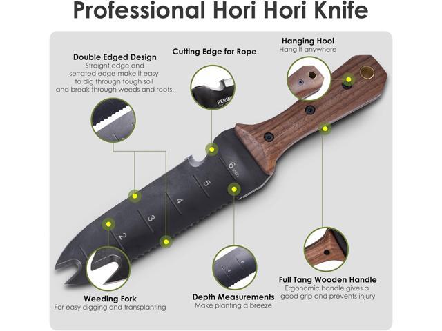 Hori Hori Garden Knife, Garden Tools with Sheath for Weeding,Planting,Digging, 7' Stainless Steel Blade with Cutting Edge, Full-Tang walnut Wood...
