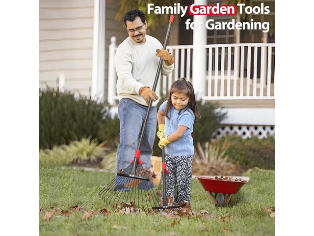Rake, Adjustable Rake for Leaves with 9-17 Rake Head, Rakes for Lawns Heavy Duty, 60 in Garden Rake with 18 Clog-Free Tines, Long Handle, Metal...