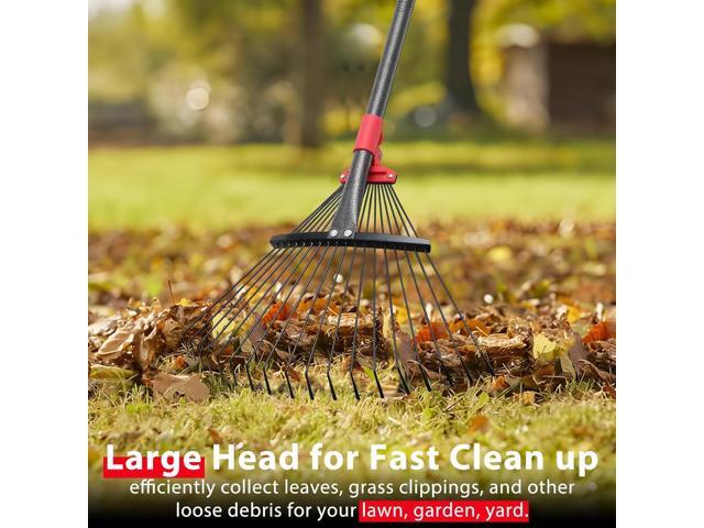 Rake, Adjustable Rake for Leaves with 9-17 Rake Head, Rakes for Lawns Heavy Duty, 60 in Garden Rake with 18 Clog-Free Tines, Long Handle, Metal...