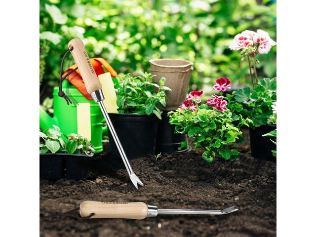 WORKPRO Dandelion Weeder Puller Tool with Wood Handle, Polished Stainless Steel Garden Weed Remover Tool, Two-Pronged Fork Weeder Tool for Lawn...