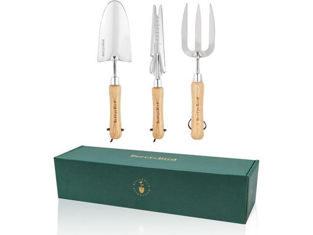 Berry & Bird Gardening Hand Tool Set - 3PCS Stainless Steel Garden Tool Kit Multifunctional Tool with Wooden Handle Trowel, Fork & Weeder for Weeding...