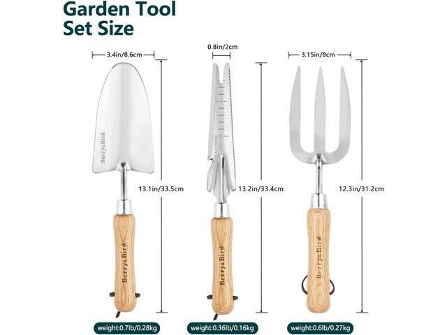 Berry & Bird Gardening Hand Tool Set - 3PCS Stainless Steel Garden Tool Kit Multifunctional Tool with Wooden Handle Trowel, Fork & Weeder for Weeding...