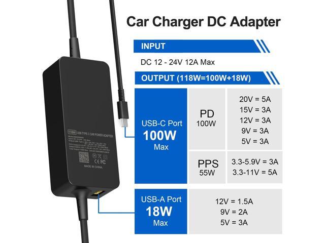 100W Car Charger - Laptop Car Charger USB C for Dell Latitude/Dell Precision/Dell XPS, MacBook Pro/Air, HP Spectre/Elitebook, Lenovo...